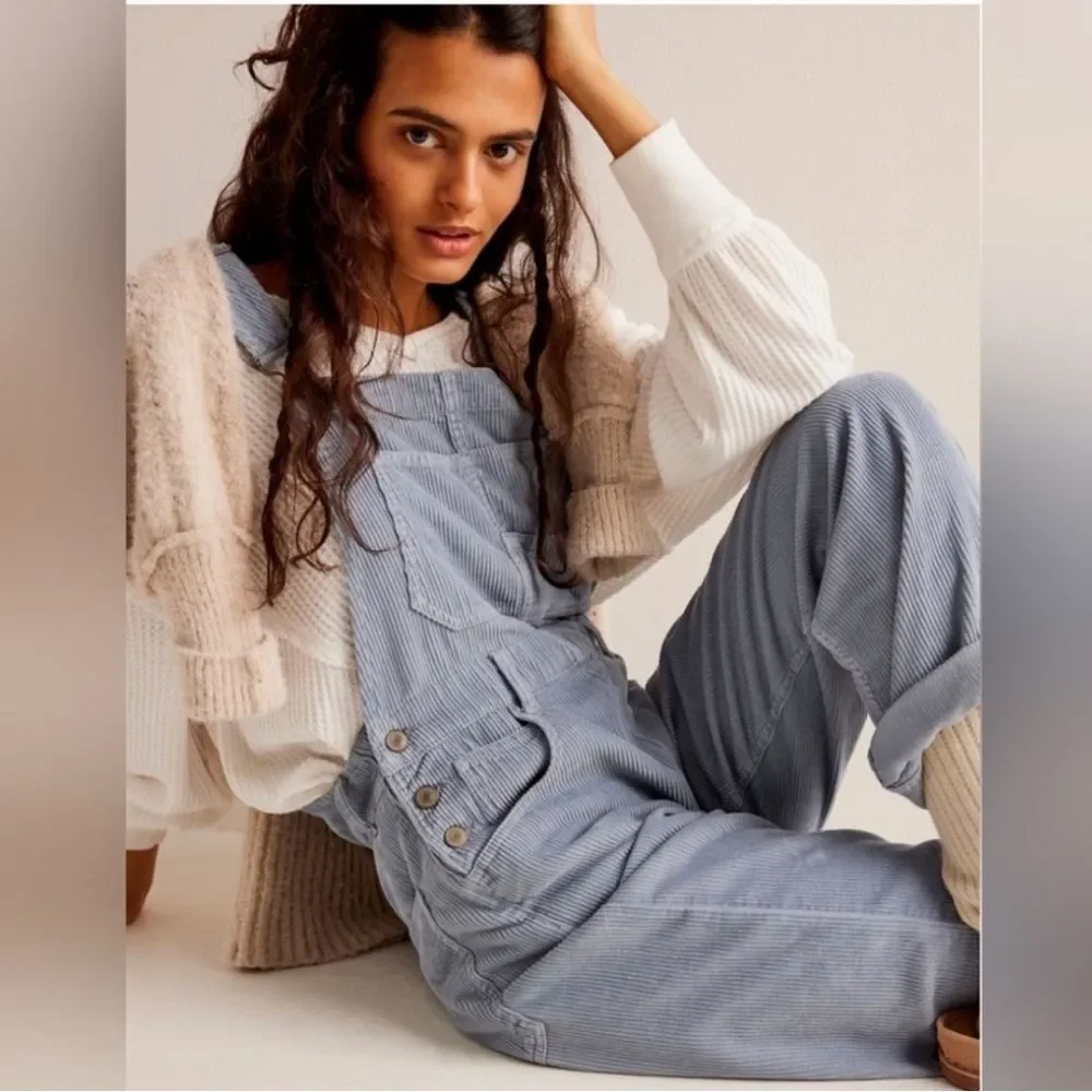 Free People Womens Ziggy baggy dusty blue corduroy overalls bibbs Spring Fall XS
